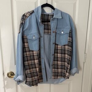 Plaid and Denim Button-Up Jacket size XL